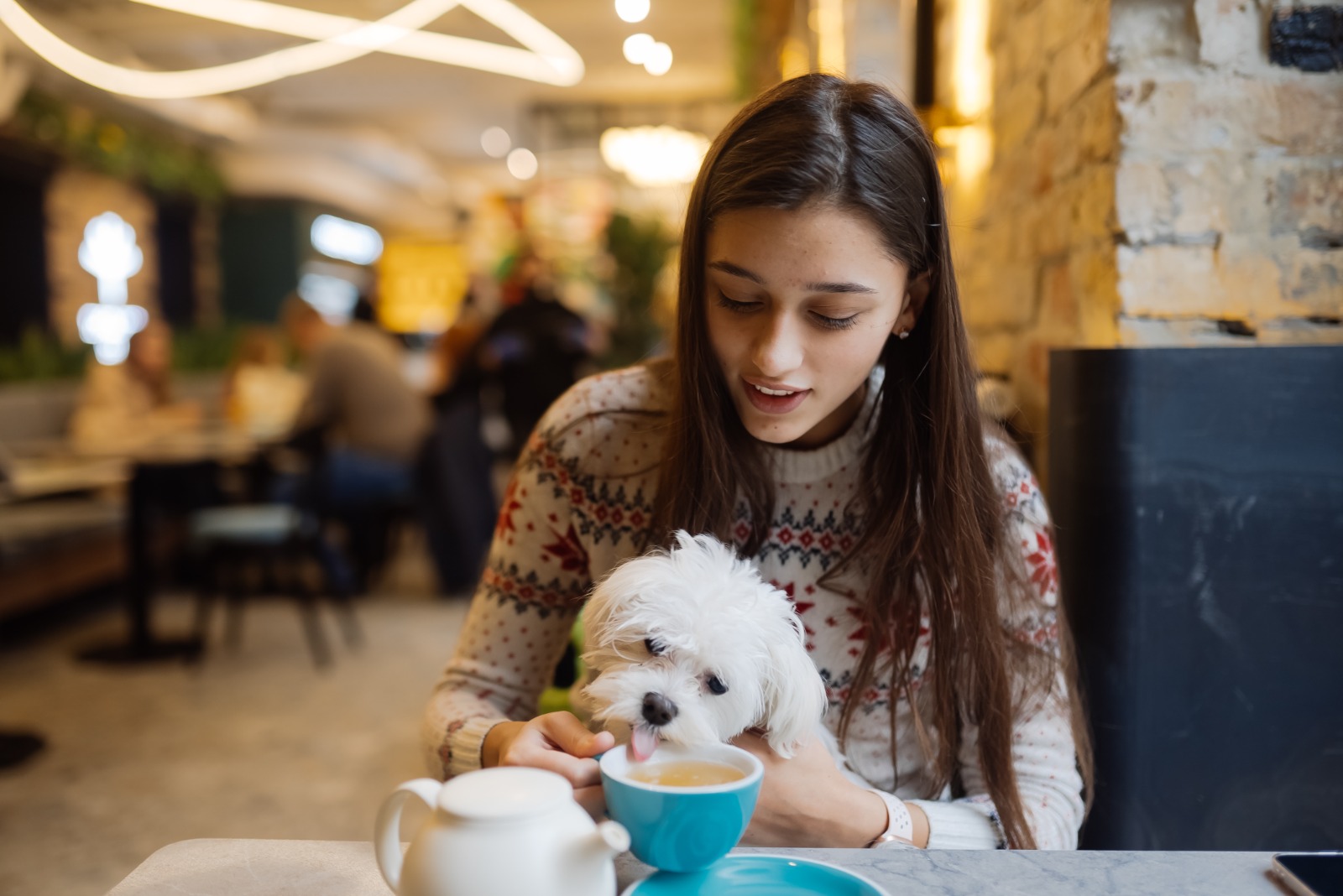 mujer con su perro en un restaurante